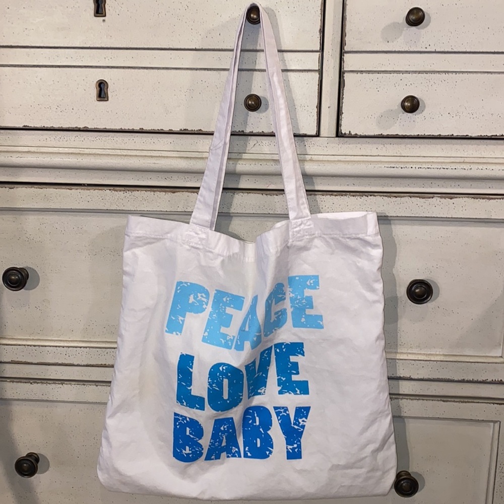 Amy Coe Peace Love Baby blue & white 15” x 14” shoulder handles carry tote bag​
